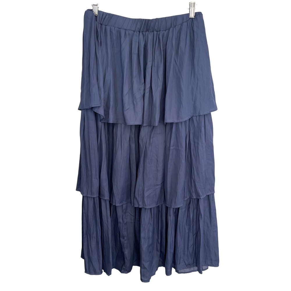 Arula Slate Blue Tiered Maxi Skirt Plus Size X Elastic Waist Boho Ruffle Flowy